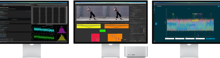 Mac Studio and three Studio Displays, all featuring different macOS apps on screen